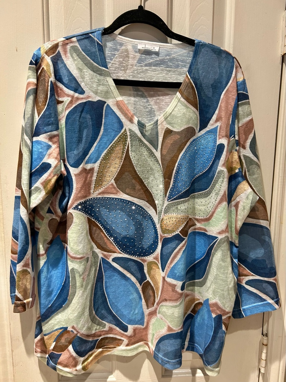 Milano Blue Brown Green Leaf-Print V-Neck Tunic with Rhinestones